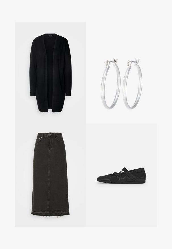 Melna ilga kardigāna ar atvērtu priekšpusi, izgatavota no mīksta materiāla. Ar garām piedurknēm un divām priekšējām kabatām. Gluda tekstūra, vienkāršs dizains.; Divas bez piedurknēm melnbaltā krāsā, izgatavotas no ribotu kokvilnas, ar apaļām kakla izgriezumiem un pieguļošu dizainu. Uz abām ir redzami etiķetes.; Melnas denima midi svārki ar pieguļošu jostasvietu, priekšējo pogu aizdari un saplēstu apakšmalu. Iekļauj klasisko piecu kabatu dizainu un vieglu tekstūru.; Melni plakani apavi ar mīkstu, faktūrētu augšu, aprīkoti ar divām regulējamām siksniņām un noapaļotu purngalu, uz plakana gumijas zoles.; Sudraba riņķveida auss gredzeni ar gludu, pulētu apdari. Apaļa forma un drošs klikšķa augšējais slēgums. Viegls dizains, kas piemērots ikdienas valkāšanai.