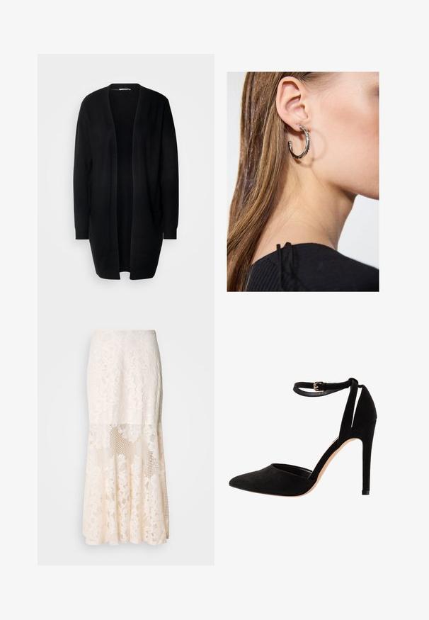 Čierny dlhý kardigán s otvoreným predným dielom, vyrobený z mäkkého materiálu. Má dlhé rukávy a dve predné vrecká. Hladká textúra, jednoduchý dizajn.; Čierny tielko vyrobené z mäkkej, elastickej tkaniny. Má okrúhly výstrih a široké ramenné popruhy, so priliehavým strihom a hladkou textúrou.; Kvetinová čipkovaná midi sukňa v krémovej farbe; obsahuje vrstvený dizajn s priesvitnými časťami, textúrovanou čipkou a rozšíreným lemom.; Čierne zamatové lodičky s špicatou špičkou, remienkom okolo členku a stiletto podpätkom. Dizajn sa vyznačuje hladkou textúrou s minimálnymi detailmi.; Strieborná kruhová náušnica s lesklým povrchom, obsahujúca malé zlaté akcenty a okrúhly tvar, nosená na lalôčiku ucha.