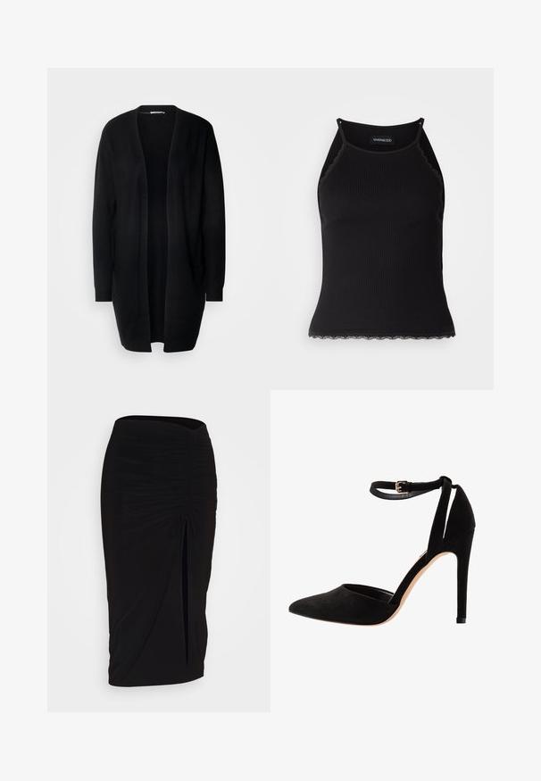 Fekete, hosszú kardigán nyitott elejével, puha anyagból készült. Hosszú ujjaival és két elülső zsebével rendelkezik. Sima textúra, egyszerű dizájn.; Fekete bordázott ujjatlan felső, csipkés, fodros szegéllyel az alján. Vékony pántokkal és testhez simuló kialakítással rendelkezik. Stretch anyagból készült.; Fekete, ráncolt ceruzaszoknya kötött részlettel és oldalsó hasítékkal. Rugalmas anyagból készült, sima textúrával és testhez álló kialakítással.; Fekete velúr magassarkú cipők hegyes orral, bokapánttal és stiletto sarkú kivitelben. A design sima textúrával és minimális részletezéssel rendelkezik.