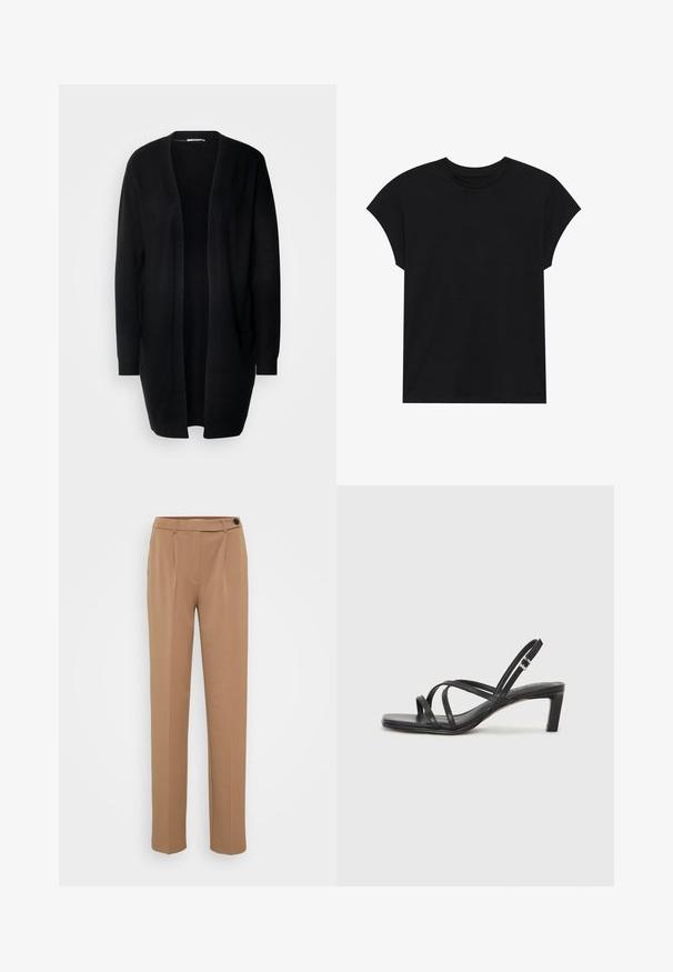 Cardigan lungo nero con apertura frontale, realizzato in materiale morbido. Presenta maniche lunghe e due tasche frontali. Texture liscia, design semplice.; T-shirt in cotone nero con scollatura rotonda, maniche corte e vestibilità rilassata. Texture liscia e nessun motivo o decorazione visibile.; Pantaloni marroni su misura con gamba dritta, caratterizzati da una chiusura a bottone singolo e un design a pieghe nella parte frontale. Texture liscia, stile minimalista.; Sandalo nero con cinturini, dalla punta squadrata e tacco basso a blocco. Presenta diversi cinturini sottili e una cinturini regolabile alla caviglia. Realizzato in pelle liscia.