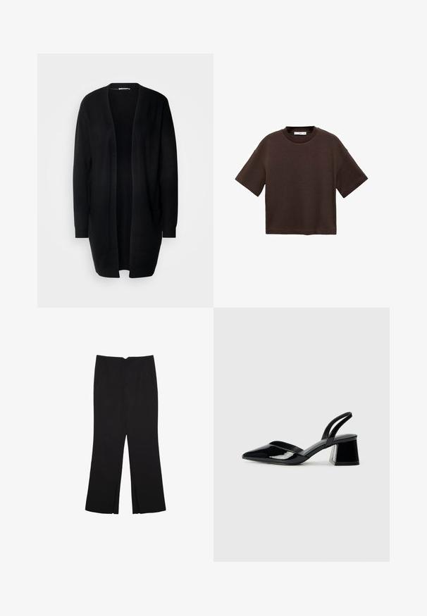 Crni dugi kardigan s otvorenim prednjim dijelom, napravljen od mekanog materijala. Ima duge rukave i dva prednja džepa. Glatka tekstura, jednostavan dizajn.; Smeđi kratki rukav majica od mekog pamuka. Ima okrugli izrez i širok kroj, s glatkom teksturom i bez vidljivih uzoraka.; Crne hlače ravnog kroja, s prednjim džepovima i bočnim prorezima na rubu. Izrađene od mekog i glatkog materijala. Pogodne za razne prigode.; Crne lakirane kožne sandale s otvorenom petom i špicastim vrhom, s geometrijskom blok petom. Imaju elegantan, minimalistički dizajn i glatku teksturu.