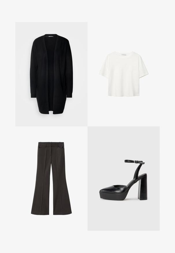 Čierny dlhý kardigán s otvoreným predným dielom, vyrobený z mäkkého materiálu. Má dlhé rukávy a dve predné vrecká. Hladká textúra, jednoduchý dizajn.; Biela krátkopsová tričko vyrobené z bavlny. Má okrúhly výstrih a voľný strih. Hladká textúra bez viditeľných vzorov alebo akcentov.; Čierne rozšírené nohavice s vysokým pásom; majú dve bočné vrecká a hladkú textúru látky. Vhodné na rôzne príležitosti.; Čierne platformové podpätky so špicatou špičkou a nastaviteľným členkovým remienkom. Vyrobené z hladkej kože a so robustným blokovým podpätkom.