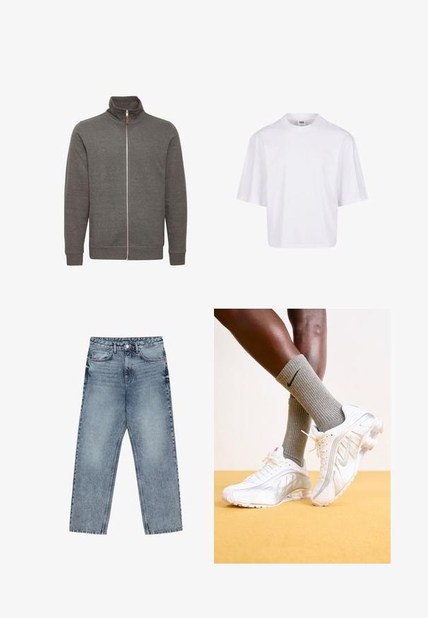 Graue Zip-Jacke mit hohem Kragen, seitlichen Taschen und gerippten Bündchen. Hergestellt aus weichem Stoff, mit cleanem, minimalistischen Design.; Weißes Kurzarm-T-Shirt mit Rundhalsausschnitt und lockerer Passform, gefertigt aus einem glatten Baumwollmischgewebe. Keine Muster oder Verzierungen.; Hellblaue Jeans aus Denim mit geradem Schnitt, sichtbaren Nähten, fünf Taschen-Design und einem Knopfverschluss an der Taille.; Nike-Sneaker in Weiß mit silbernen Akzenten, ausgestattet mit strukturierten Paneelen und Perforationen. Kombiniert mit grauen gerippten Socken, vor einem gelben Hintergrund.