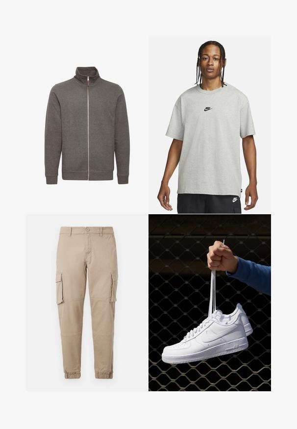 Grå zip-up jakke med høj krave, med sidelommer og ribbede manchetter. Lavet af blødt stof, med et rent, minimalistisk design.; Ung person med fletninger iført en lys grå Nike T-shirt og sorte Nike shorts mod en ensfarvet hvid baggrund.; Beige cargo bukser i et letvægts bomuldsstof. Har elastiske manchetter, flere sidelommer og en knaplukning.; Hvide lædersneakers med perforeringer, rund tå, flad sål og tykke snørebånd, med et synligt swoosh-logo og "AIR" på hælen.