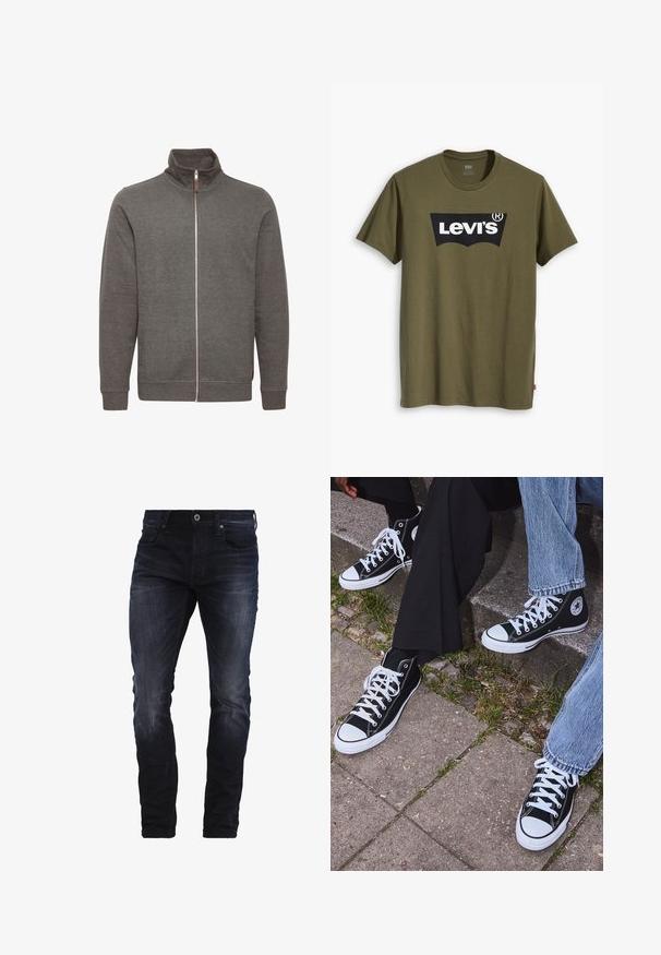 Grå zip-up jakke med høj krave, med sidelommer og ribbede manchetter. Lavet af blødt stof, med et rent, minimalistisk design.; Olivengrøn bomuld T-shirt med stort sort Levi's-logo i en kontrasterende, halvcirkelformet bue hen over brystet. Almindelig pasform.; Mørkeblå slim-fit jeans med let slid på lårene og knæene, med forlommer, bæltestropper og knaplukning.; Sorte høje canvas sneakers med hvide gummisåler og snørebånd, prydet med et cirkulært logo på siden og parret med denim og sorte bukser.