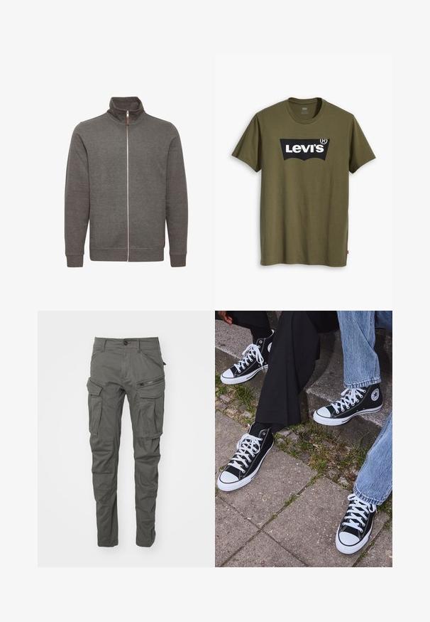 Hall gray zip-up jakk, millel on kõrge kaelus, külgtaskud ja soonikkoes mansetid. Valmistatud pehmest kangast, puhta ja minimalistliku disainiga.; Õliva rohelise puuvillase T-särgiga, millel on suur must Levi'si logo kollase poolkaarekujulisena üle rinna. Regulaarne lõige.; Hallid hallid cargos, mis on valmistatud vastupidavast kangast, mitmete taskute, tõmbluku aktsentide, nööbiga sulgemise ja kitseneva jala kujundusega.; Mustad musta värvi kõrged kanvasist tossud valgete kummitaldade ja nööridega, külgedel ringikujuline logo ning kombineeritud denimist ja mustade pükstega.