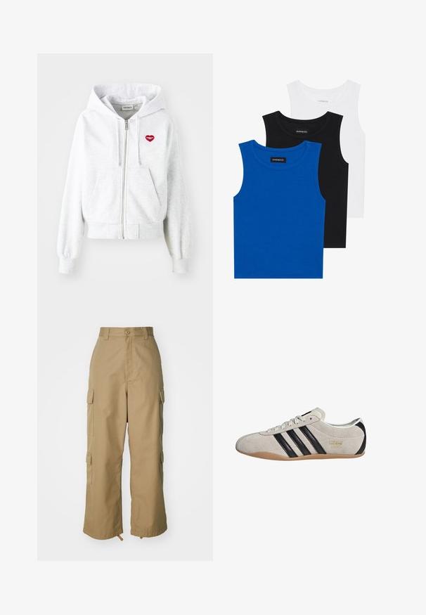 Felpa grigia chiara con zip, tasca a marsupio, polsini a coste e logo a forma di cuore rosso sul lato sinistro del petto. Materiale in morbido cotone misto.; Tre magliette senza maniche in blu, nero e bianco. Il tessuto è a coste con un colletto rotondo. Ogni maglietta ha un'etichetta con la scritta "even&odd."; Pantaloni cargo beige con vita alta, gamba ampia e quattro grandi tasche laterali. Realizzati in un tessuto resistente con una texture liscia e dettagli minimi.; Sneaker in suede con tomaia grigia, strisce nere e suola in gomma color cuoio. Presenta una chiusura con lacci e un dettaglio del logo dorato sul lato.