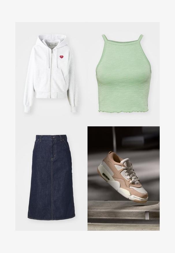 Svetlo šedá mikina na zips s klokanním vreckom, rebrovanými manžetami a červeným srdcovým logom na ľavej hrudi. Mäkký bavlnený zmesový materiál.; Zelený pruhovaný crop top s tenkými ramienkami, s volánovým lemom a textúrovanou tkaninou. Bez výrazného kovania alebo vzorov.; Tmavé džínsové sukne s vysokým pásom, rovný strih, predné vrecká a prešitými švami. Obsahuje zips a gombík na uzatvorenie v páse.; Béžové a biele tenisky s hladkým koženým a semiprefinovaným povrchom, s polstrovaným jazykom, šnurovaním a viditeľnou vzduchovou odpružovacou jednotkou.