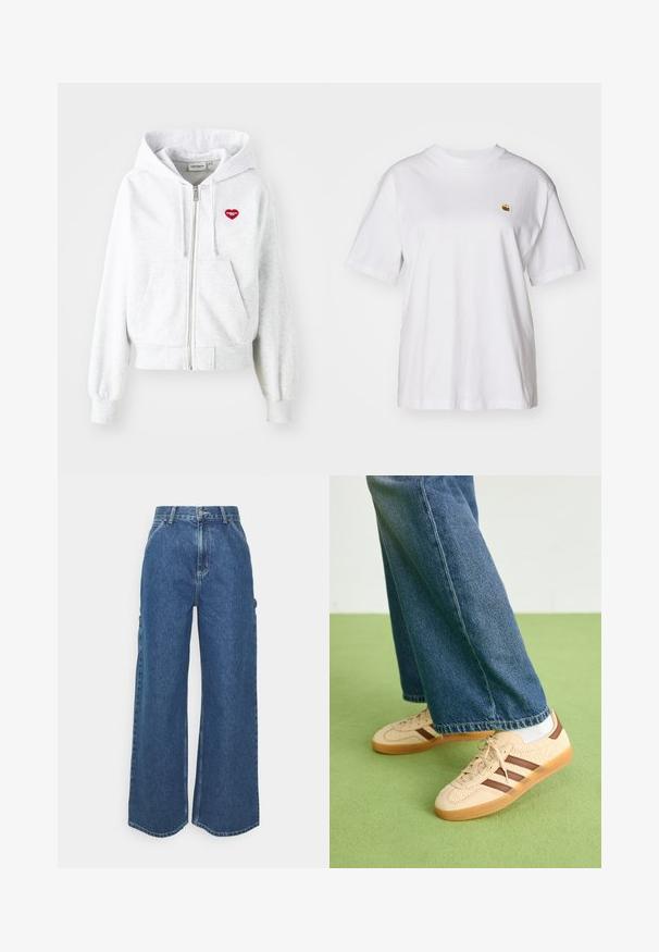 Lys grå hettejakke med glidelås og kengurulomme, ribbede mansjetter og en rød hjerte-logo på venstre bryst. Myk bomullsblanding.; Hvit bomulls t-skjorte med avslappet passform, korte ermer og en liten brodert logo på venstre brystområde.; Videbeinete blå denimbukser med høy midje, kontraststing, og sidelommer, med et klassisk fem-lommers design og rå kanter.; Beige joggesko med teksturerte kremfargede paneler og brune striper, parret med blå denimjeans. Jeansene har vid ben og frynsete kant.