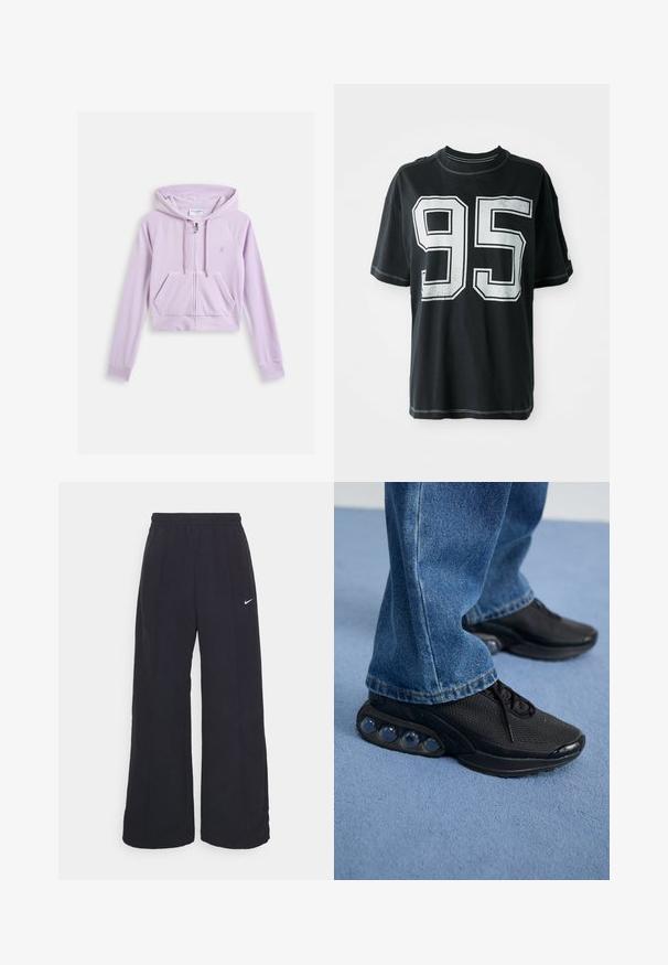 Felpa cropped in lavanda con zip frontale, tasca a marsupio e cappuccio con stringa. Presenta un logo ricamato sul petto. Tessuto morbido.; T-shirt di cotone nero con maniche corte, caratterizzata da un numero "95" stampato in bianco sul davanti e cuciture a contrasto lungo i bordi.; Pantaloni neri a gamba larga con cintura elastica e un piccolo logo Nike bianco. Il tessuto ha una texture liscia, progettata per il comfort e l'abbigliamento casual.; Scarpe da ginnastica nere con tomaia in rete, dettagli testurizzati e pod di ammortizzazione visibili nella suola. Indossate con jeans in denim blu.