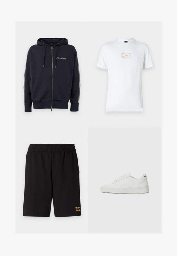 Tumed sinine kapuutsiga tõmblukuga dressipluus valgete külgtriipudega ja "Armani Exchange" logo vasakul rinnal.; Valge puuvillane T-särk, millel on ümmargune kaelus ja lühikesed varrukad, ning mille esiosal on kuldne EA7 Emporio Armani logo.; Mustad mustad lühikesed püksid, mis on valmistatud pehmest kangast. Omavad elastset vöökohta ja väikest kollast EA7 logo vasakul jalal.; Valge nahast tennis, millel on sile põhi, ümar varvas, lamedad nöörid ja tekstuuriline tall. Sisaldab diskreetset logo kontsaribal.