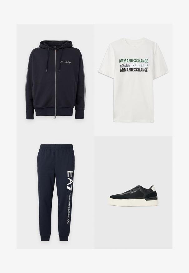 Navy blue hooded zip-up sweatshirt with white side stripes and "Armani Exchange" logo on the left chest.; White cotton t-shirt featuring repeated text "ARMANIEXCHANGE" in green, blue, and black. Short sleeves and a classic crew neckline.; Navy blue cotton joggers with an elastic waistband, tapered legs, and contrasting white EA7 and Emporio Armani logos printed along the side.; Black sneaker made of mesh and leather, featuring a thick white sole and contrasting accents. Laces and logo detail on the side.