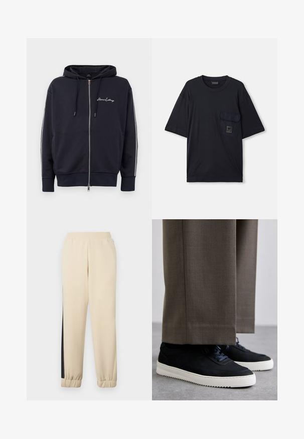 Tamnoplavi dukserica s kapuljačom i patentnim zatvaračem, s bijelim bočnim trakama i logotipom "Armani Exchange" na lijevoj strani prsa.; Crna kratka majica s kratkim rukavima i okruglim izrezom, s preklopnom džepom na lijevoj strani prsnog dijela, koja sadrži mali pravokutni logotip.; Krem boje trenirke s crnim bočnim prugama, elastičnim pojasom i rebrastim manžetama. Mekani materijal s opuštenim krojem.; Crne nubuk tenisice s bijelim gumenim potplatima, s zaobljenim vrhom i vezicama, uparene s sivim krojenim hlačama.