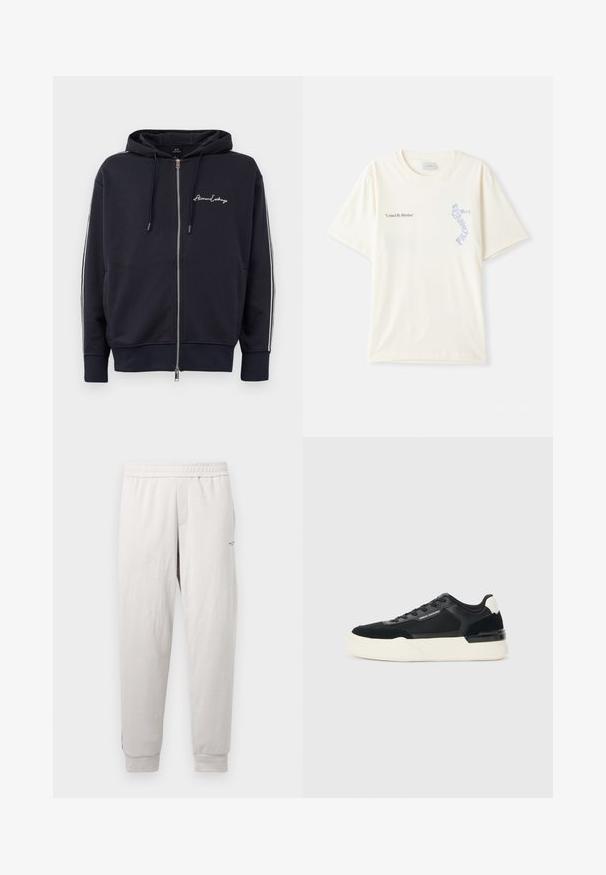 Námořnická modrá mikina s kapucí na zip s bílými bočními pruhy a logem "Armani Exchange" na levé straně hrudi.; Bílá bavlněná tričko s krátkým rukávem, se zapnutím "United By Rhythm" v černé a modré grafikou na hrudi. Kulatý výstřih.; Světlé šedé tepláky s elastickým pasem, postranními kapsami, žebrovanými manžetami a decentním značením na nohavicích, vyrobené z měkké tkaniny.; Černé tenisky vyrobené z mřížkového materiálu a kůže, s výraznou bílou podešví a kontrastními akcenty. Šněrování a detail loga na straně.