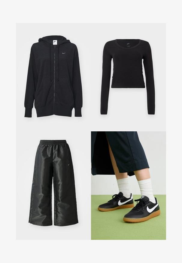 Nike Sportswear Zip-up sweatshirt - black sail; Long-sleeve, cropped t-shirt in solid black cotton. Features a round neckline and slight side gathering detail for a fitted look.; Black athletic pants with a shiny, smooth fabric, featuring an elastic waistband, wide legs, and a small logo on the left side.; Black leather and synthetic sneakers with white Nike swoosh, rubber gum sole, round toe, and black laces. Ribbed white socks visible.