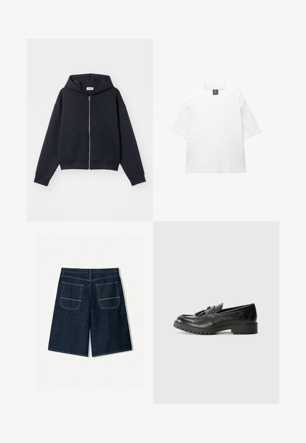Navy hoodie met rits, gemaakt van zacht materiaal, voorzien van een voorzak, een capuchon en geribbelde manchetten, met een relaxte pasvorm en een minimalistisch ontwerp.; Witte t-shirt met korte mouwen van katoen, met een ronde hals en een relaxte fit met rechte zoom. Geen patronen of versieringen.; Donkerblauwe denim shorts met een losse pasvorm, voorzien van twee achterzakken met contrasterende stiksels. Rechte snit en knielange ontwerp.; Zwarte leren loafers met een ronde neus, opvallende stiksels en een gestructureerde rubberen zool. Bevat decoratieve hardware op de wreef.