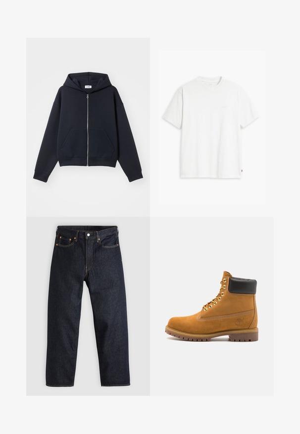 Φούτερ με φερμουάρ σε ναυτικό μπλε χρώμα, κατασκευασμένο από μαλακό υλικό, διαθέτοντας μπροστινή τσέπη, κουκούλα και ραμμένες μανσέτες, με άνετη εφαρμογή και μινιμαλιστικό σχέδιο.; Λευκό βαμβακερό μπλουζάκι με κοντά μανίκια, απλό λαιμόκοψη και διακριτό λογότυπο της Levi's τυπωμένο στο κέντρο. Μαλακή υφή και κανονική εφαρμογή.; Σκούρο μπλε τζιν παντελόνι με ίσια γραμμή, πέντε τσέπες, αντίθετη πορτοκαλί ραφή και κουμπί στην μέση. Χωρίς ορατά σχέδια ή διακοσμήσεις.; Μπεζ σουέτ ankle boots με μαύρη μαλακή επένδυση στον κολάρο, χρυσά μεταλλικά μάτια, λευκή ραφή και ανθεκτική καουτσούκ σόλα με έντονες γκριζαρισμένες υφές.