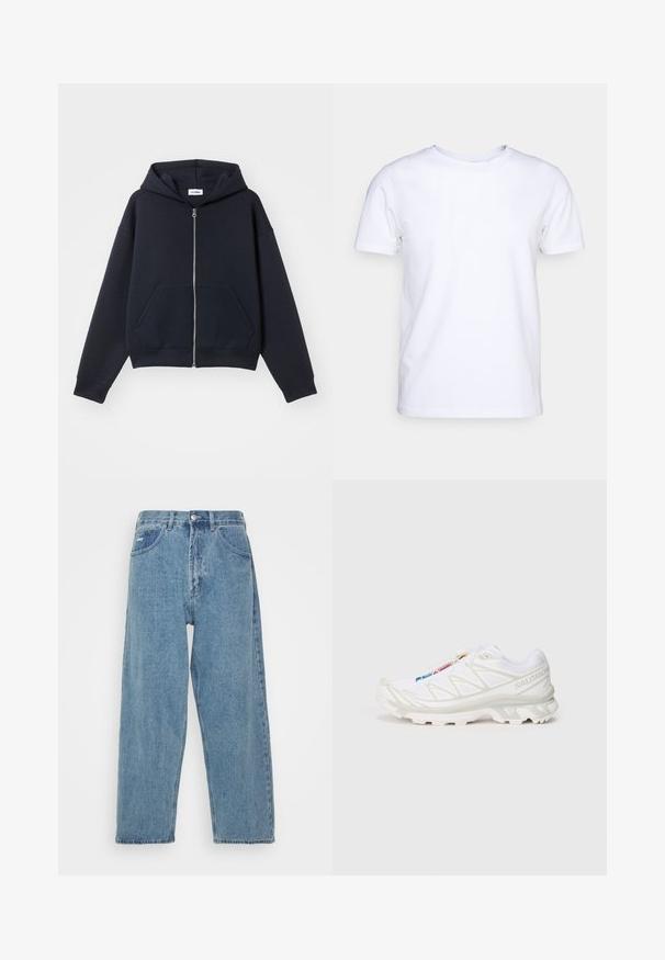 Navy hoodie met rits, gemaakt van zacht materiaal, voorzien van een voorzak, een capuchon en geribbelde manchetten, met een relaxte pasvorm en een minimalistisch ontwerp.; Witte katoenen t-shirt met korte mouwen en een ronde hals. Eenvoudig ontwerp zonder patronen of accenten. Glad textuur.; Lichtblauwe denim jeans met een hoge taille, ontspannen pasvorm, met twee zijzakken, een achterzak met patch en een knoopsluiting.; Witte sportieve schoen met een gestructureerde mesh bovenkant, reflecterende accenten en een gevoerde zool. Opvallend merklogo aan de zijkant.