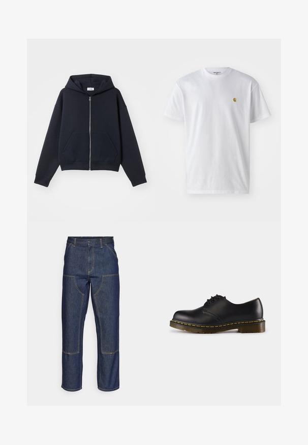 Zippzáras sötétkék kapucnis sweatshirt puha anyagból, elülső zsebbel, kapucnival és bordázott mandzsettákkal, laza fitettel és letisztult dizájnnal.; Fehér pamut póló rövid ujjakkal, kerek nyakkal, bal mellel egy kis arany logóval. Puha tapintású és normál fazonú.; Sötétkék farmernadrág, magas derekú, egyenes szárú dizájnnal, kontrasztos varrással és elülső zsebekkel.; Fekete bőr cipő lekerekített orral, fűzős kialakítással, sárga varrással a talp mentén és masszív, texturált gumi talppal.