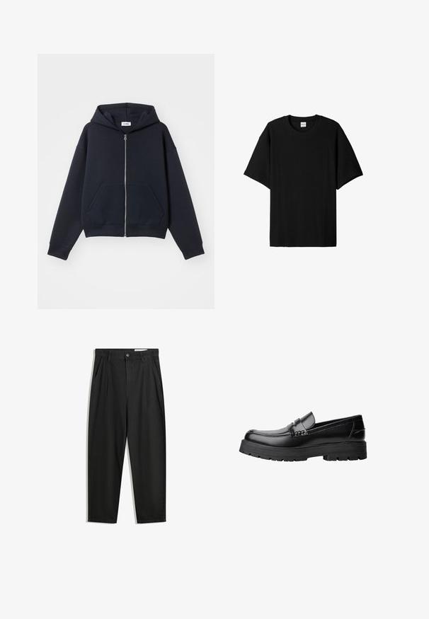 Navy Kapuzensweatjacke mit Reißverschluss aus weichem Material, ausgestattet mit einer Fronttasche, Kapuze und gerippten Bündchen. Sie hat eine lockere Passform und ein minimalistisches Design.; Schwarzes, geripptes T-Shirt mit kurzen Ärmeln und Rundhalsausschnitt, das einen lockeren Schnitt und eine strukturierte Oberfläche bietet. Einfaches Design; keine Grafiken oder Akzente.; Schwarze Baumwollhose mit lockerem Schnitt, ausgestattet mit einem klassischen Bund, vorderen Falten und Seiten taschen. Glatte Textur ohne Muster.; Schwarzer Lederloafer mit grobem, rutschfestem Sohlenprofil und dekorativem Riemen über der Oberseite, seitlich links auf weißem Hintergrund abgebildet.