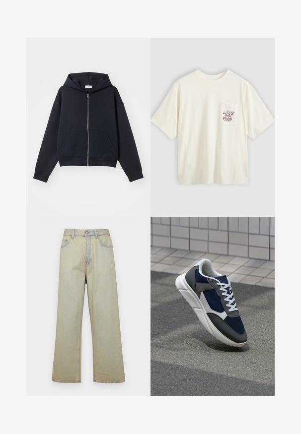 Zippered navy hoodie made of soft material, featuring a front pocket, hood, and ribbed cuffs, with a relaxed fit and minimal design.; Off-white cotton t-shirt with short sleeves, featuring a left chest pocket and maroon graphic text and design. Relaxed fit and crew neck.; Light blue wide-leg jeans made of denim with a faded finish. Features five pockets and a front button closure.; Sneaker featuring a navy blue mesh upper, gray suede accents, white rubber sole, and flat white laces, designed for comfort and breathability.