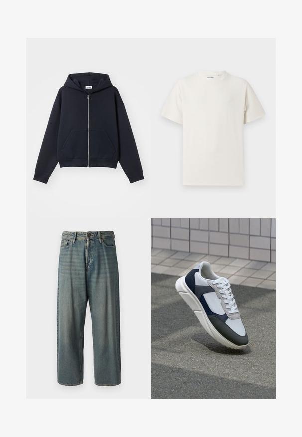 Sweatshirt zippé bleu marine en matériau doux, avec une poche avant, une capuche et des poignets côtelés, offrant une coupe décontractée et un design minimal.; T-shirt blanc à manches courtes en texture côtelée. Encolure ronde, coupe décontractée, sans motifs ni accents visibles. Design simple et polyvalent.; Jeans en denim bleu clair avec une coupe ample, taille mi-haute et jambes droites. Comprend cinq poches, des passants de ceinture et une fermeture à bouton.; Baskets blanches, bleu marine et grises avec un design en matériaux mélangés, présentant une tige texturée, des lacets plats et une semelle rembourrée.