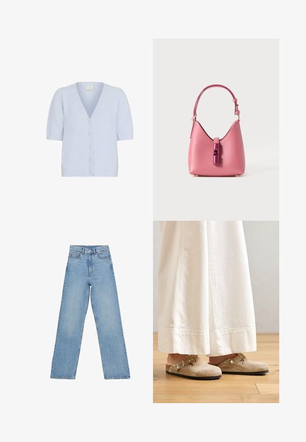 Kaffe MARINA - Vest - windsurfer cc; Lichtblauw overhemd met verticale witte en dunne rode strepen, lange mouwen, klassieke kraag en een gebogen zoom.; Lichtblauwe denim jeans met een hoge taille, rechte pijpen, voorzien van vijf zakken en een knoopsluiting. Geen zichtbare patronen.; Beige suède klompen met een gespsluiting en gespijkerde accenten, gedragen met witte wijde broek, geplaatst op een houten vloer.; Roze leren handtas met een gestructureerde vorm, voorzien van een glanzende sluiting en een enkele verstelbare schouderband. Getextureerde afwerking met gouden hardware.