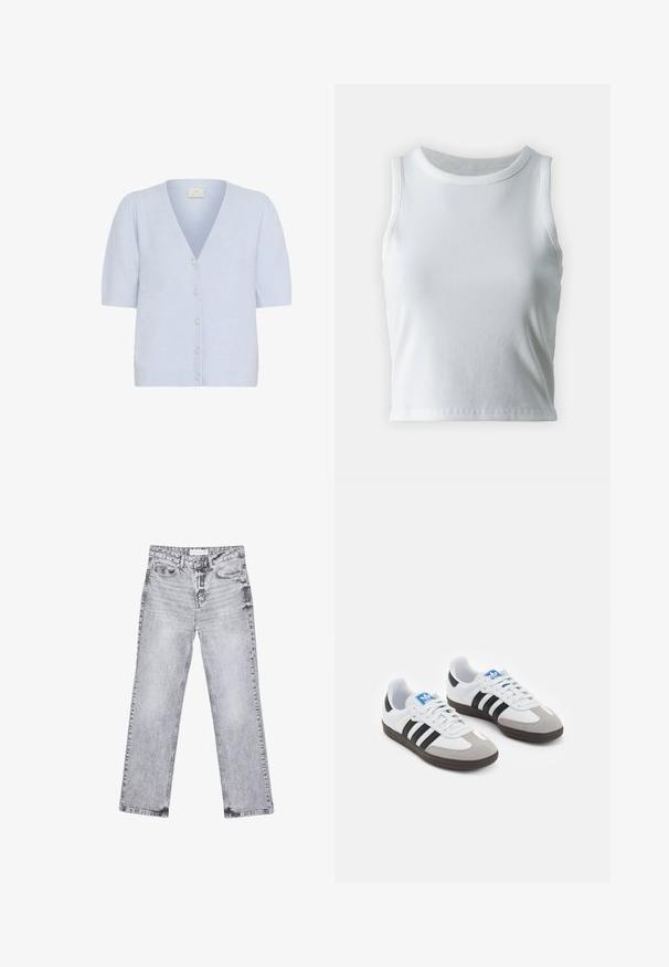 Kaffe MARINA - Gilet - windsurfer cc; Débardeur blanc côtelé avec un décolleté rond et sans manches, présentant un ourlet droit et une texture lisse et extensible.; Jean en denim gris avec une coupe droite, des détails déchirés, cinq poches et des rivets en cuivre. La ceinture présente une étiquette de logo.; Baskets avec une tige en cuir blanc, un bout en daim gris et trois bandes noires. Présente un logo bleu sur la languette et une semelle en caoutchouc texturée.