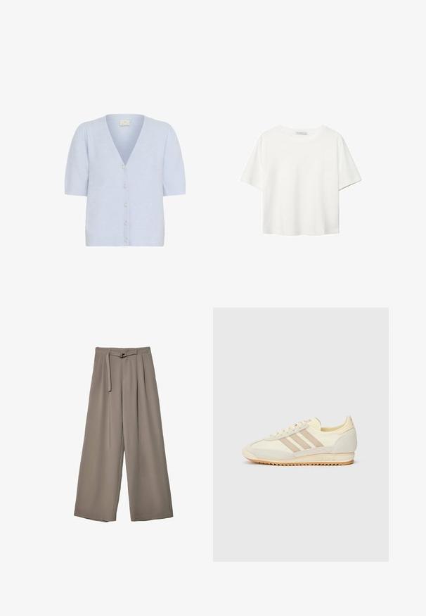 Kaffe MARINA - Vest - windsurfer cc; Witte korte mouwen t-shirt van katoen. Heeft een ronde halslijn en een ontspannen pasvorm. Glad textuur zonder zichtbare patronen of accenten.; Wijd nietenbroeken van een zachte, gedempte grijze stof, met een ceintuur in de taille en plooien voor extra ontwerpelementen. Gladde textuur, geen patronen.; Crème sport sneaker met drie beige strepen, suède en textielmaterialen, een gestructureerde zool en geperst logo op de hiel.