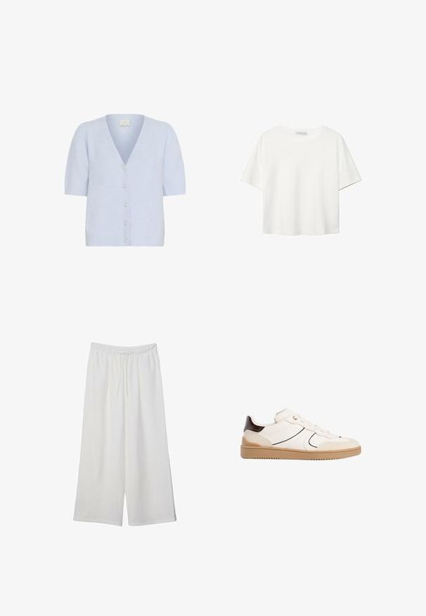 Kaffe MARINA - Cardigan - windsurfer cc; Hvid kortærmet t-shirt lavet af bomuld. Har en rund halsudskæring og en afslappet pasform. Glat tekstur uden synlige mønstre eller detaljer.; Hvide vidde bukser lavet af letvægtsstof, med en elastisk talje og snøre for justerbar pasform. Glat tekstur.; Stradivarius Sneakers - white