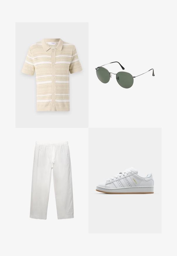 Beige kortärmad stickad kofta med krage, prydd med horisontella ränder och öppna mönster, avslutad med knappar.; Vit bomullströja med korta ärmar, rundad halsringning och en avslappnad passform. Slät textur utan synliga mönster eller detaljer.; Vita linnebyxor med elastisk midja och dragsko, bred bendesign och rena sömmar. Slät textur med avslappnad passform.; Vit sneaker med perforerad tre-randig design, texturerade detaljer, gummisula och "CAMPUS"-logotyp i guld på sidan.; Metallinramade solglasögon med ovala gröna linser. Tunn silvermetallram och svarta öronpluggar. Minimalistisk design, inga synliga logotyper.