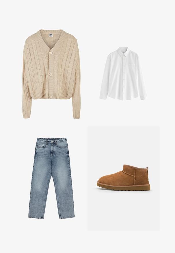 Krēmkrāsas adīts kardigāns ar V veida kaklu, garām piedurknēm, piecu pogu aizdari un ribotu apakšmalu. Iezīmē teksturētu rakstu visā virsmā.; Balts garajiem piedurknēm krekls no kokvilnas ar pogājamu apkakli, vienu krūšu kabatu un brīvu piegriezumu. Iespējas, kas ietver mazas pogas priekšpusē.; Gai zilu džinsu bikses ar taisnu kāju griezumu, redzamām šuvēm, piecu kabatu dizainu un pogu aizdari jostasvietā.; Bēša zamšas potītes zābaks ar noapaļotu purngalu, smalkiem diegu dekorējumiem un teksturētu gumijas zoli. Īsa augstuma bez auklām.