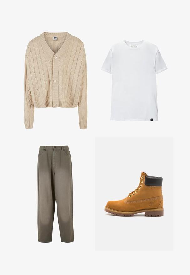 Krämfärgad stickad kardiagan med V-ringning, lång ärm, knäppning med fem knappar och ribbad nederkant. Har ett strukturerat mönster genomgående.; Vit muskelpassande t-shirt tillverkad i bomull. Rund hals, korta ärmar, slät textur. Litet svart logotag vid fållen. Enkelt design.; Ljusgröna byxor med vida ben gjorda av mjukt tyg. Har en knappstängning, framfickor och en jämn övergripande textur.; Tan mockasins ankelstövlar med svart vadderad krage, guldmetallöglor, vit sömdekor och slitstöt gummisula med utmärkta mönster.