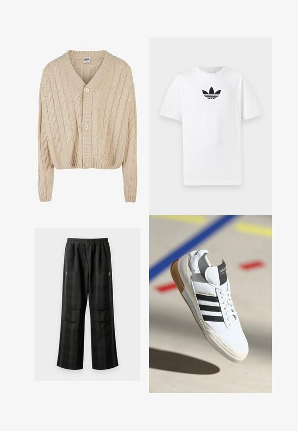Kreem värviline nöörkootud kardigan V-kaelusega, pikkade varrukatega, viie nupuga kinnitusega ja ribadest äärisega. Omab kogu pinnal tekstuurset mustrit.; Valge puuvillane T-särk, millel on must Adidas logo keskel. Lühikesed varrukad ja ümmargune kaelus. Sile tekstuur.; Mustas ruudulised püksid, millel on elastne vöökoht, kaks esimest taskut ja laiem lõige sirge jala disainiga. Valmistatud kergest materjalist.; Valged Adidas Mundial Goal spordijalatsid mustade triipudega ja kummiseguga, kujutatud õhus spordisaali põranda kohal, millel on värvilised jooned.