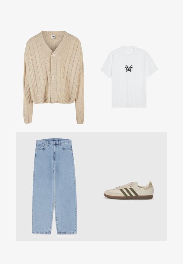 Tejelt, krémszínű kardigán V-nyakkal, hosszú ujjakkal, öt gombos záródással és bordázott hempergővel. Az egész felületen texturált mintázattal rendelkezik.; Fehér pamut póló rövid ujjakkal és kerek nyakkivágással. Középen fekete lángmintás lepke grafika található. Sima textúra.; Világoskék farmernadrág egyenes szárú kivitelben, közepes derékkal, öt zsebbel, gombos és cipzáros záródással.; adidas Originals SAMBA OG UNISEX - Sportcipő - alumina/medium dark khaki/gum