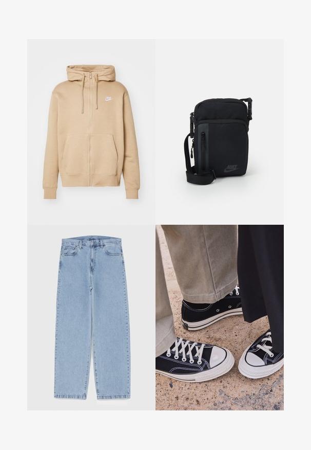 Moletom com fecho éclair castanho, feito de tecido macio, apresentando um bolso canguru, capuz com cordão e um logo da Nike em branco no lado esquerdo do peito.; Camiseta de algodão cor creme com mangas curtas, apresentando um design gráfico vermelho que inclui um globo e um carro, e um decote redondo canelado.; Jeans de denim azul claro com design de perna reta, apresentando uma cintura de altura média, cinco bolsos e um fecho de botão e zíper.; Sapatilhas pretas de lona com biqueiras e atacadores de borracha brancos. O contraste nas costuras e os ilhós de metal acrescentam detalhe. Usadas com calças bege e tecido preto.; Bolsa crossbody preta de nylon com compartimentos com fecho, alça ajustável e detalhe de logotipo discreto na frente. Textura suave e forma retangular.