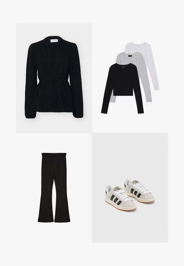 MSCH Copenhagen HOPE WRAP CARDIGAN - Adīta jaka - black; Trīs garām piedurknēm veidotas augšdaļas, sakrautās: melna, pelēka un balta. Katram ir noapaļots kakla izgriezums un īsa dizaina forma ar gludu, vieglu audumu.; Melnas flared leggings, kas izgatavotas no stiepjama auduma. Iezīmējas ar platu jostasvietu un gludu tekstūru, ar pieguļošu siluetu, kas paplašinās pie apakšmalas.; Pelēkas zamšādas kedas ar baltām saites, melnām svītrām un baltu gumijas zoli. Raksturīga apļa logo uz mēles un gumijas zole.