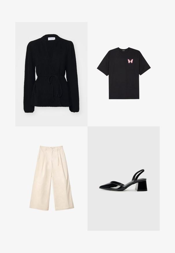 MSCH Copenhagen HOPE WRAP CARDIGAN - Kardigán - black; Čierne bavlnené tričko s krátkymi rukávmi, s malým ružovým motýlikom na ľavej hrudi. Design s okrúhlym výstrihom a uvoľneným strihom.; Béžové nohavice s širokými nohavicami vyrobené z jemného materiálu s vysokým pásom, s plisovaním a predným zapínaním na gombík. Hladká textúra a strih na mieru.; Čierne lakované kožené sandálové podpätky s špicatou špičkou a geometrickým blokovým podpätkom. Disponujú elegantným, minimalistickým dizajnom a hladkým povrchom.