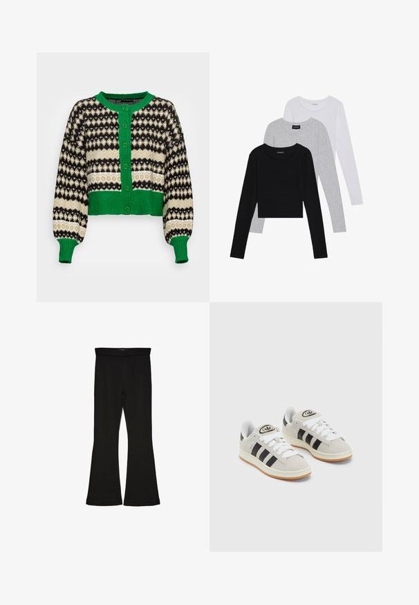 ONLY ONLMADEA  - Neuletakki - green bee pattern/slate green/black; Kolme pitkähihasta paita päällekkäin: musta, harmaa ja valkoinen. Jokaisessa on pyöreä pääntie ja lyhennetty muotoilu, jossa on sileä ja kevyt kangas.; Mustat leveät legginsit, jotka on valmistettu joustavasta kankaasta. Niissä on leveä vyötärö ja sileä pinta, sekä vartalonmyötäinen leikkaus, joka levenee helmassa.; Harmaat mokkasiinikenkä, joissa on valkoiset nauhat, mustat raidat ja valkoinen kumipohja. Kantajassa on pyöreä logo ja vaaleanruskea pohja.