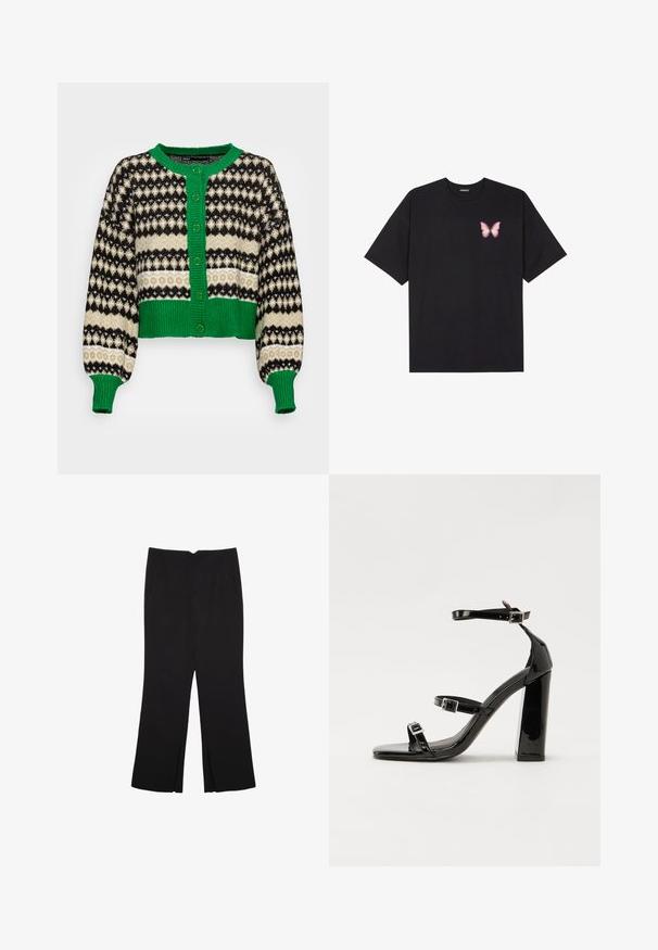 ONLY ONLMADEA - Strickjacke - green bee pattern/slate green/black; Schwarzes Baumwoll-T-Shirt mit kurzen Ärmeln, das ein kleines pinkes Schmetterlingsmotiv auf der linken Brust zeigt. Crewneck-Design mit einem entspannten Schnitt.; Schwarze Hose mit geradem Schnitt, ausgestattet mit Fronttaschen und Seitenschlitzen am Saum. Hergestellt aus weichem, glattem Stoff. Geeignet für verschiedene Anlässe.; Schwarze patentierte Sandalen mit Absatz, quadratischer Spitze, Knöchelriemen und silbernen Schnallen. Mit einem stabilen Blockabsatz für mehr Stabilität.