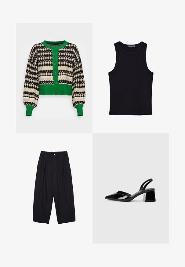 ONLY ONLMADEA - Kardigan; Czarny top na ramionczkach wykonany z bawełny, z okrągłym dekoltem i szerokimi wycięciami na ramionach. Gładka tekstura z przeszytymi brzegami. Klasyczny, minimalistyczny design.; Czarne spodnie culotte z poliestru z elastycznym pasem, dwoma fałdami z przodu i luźnym krojem. Brak widocznych wzorów lub elementów metalowych.; Czarne lakierowane półbuty na obcasie z wydłużonym noskiem i geometrycznym słupkiem. Charakteryzują się eleganckim, minimalistycznym designem oraz gładką fakturą.