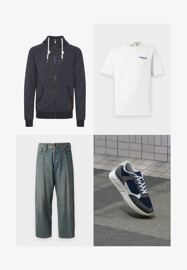 Tumesinine lukuga kapuutsiga sviiter, millel on tekstuuriga pind, nööriga kapuuts, kaks külgtaskut ja väike pruun logopatch allääres.; Valge lühikeste varrukate ja ümmarguse kaelusega T-särk, mille ees on väike sinine tekst "UNDERDOGS" ja ülemises vasakus rinnakus lisatekst.; Heledad sinine denim-stiilis teksad, volüümse lõike, keskmise kõrgusega talje ja sirgete säärega. Omab viit taskut, vöökumme ja nööpide sulgemist.; Sneaker, mille sinine võrkkangas, hallid nubukdetailid, valge kummitald ja lamedad valged paelad, disainitud mugavuseks ja hingavuseks.