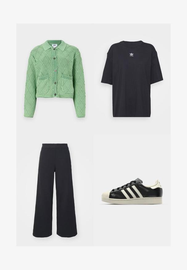 Svetlo zelena, pletena jakna z diamantom teksturo, z gumbom na sprednji strani, ovratnikom in dvema sprednjima žepoma z rebrastim detajlom.; Črna bombažna majica s kratkimi rokavi in okroglo ovratnikom, ki na prsih prikazuje bele Adidasove logotip. Enostaven dizajn, sproščen kroj.; Črne široke trenirke iz mehkega blaga, z elastičnim pasom in majhnim logotipom na levi strani.; Črne usnjene superge z belimi črtami, gumijastim pokrovom za prste, črnimi vezalkami in kremasto obrobo podplata. Gladka tekstura z sijočim zaključkom.