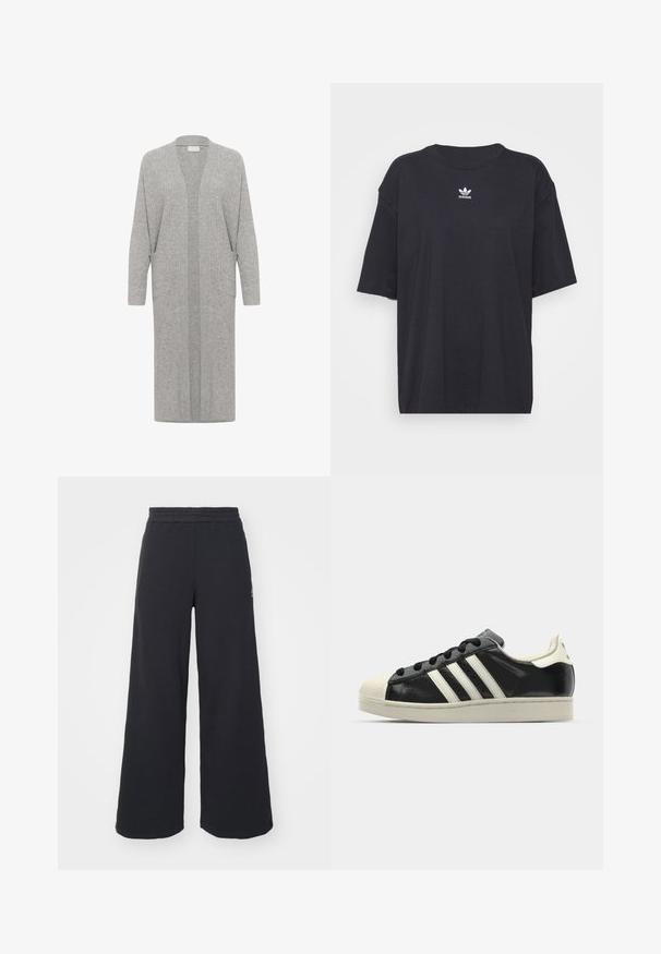 Ilgas, atviras kardiganas šviesiai pilkos spalvos juostos audiniu. Turi ilgus rankovės, dvi šonines kišenes ir laisvą kirpimą.; Juodas medvilnės marškinėliai trumpomis rankovėmis, apvaliu iškirpimu, su baltu Adidas logo ant krūtinės. Paprastas dizainas, laisvas kirpimas.; Juoda plačių kojų sportinė kelnė, pagaminta iš minkštos medžiagos, su elastinga juosmens juosta ir mažu logotipu kairėje pusėje.; Juodi odiniai sportiniai bateliai su baltais dryžiais, guminis toe kapas, juodi raišteliai ir kreminis padas. Lygus pavirčius su blizgiu finišu.