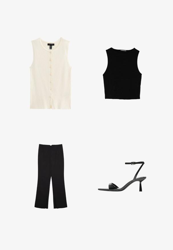 New Look BUTTON UP - Weste - cream; Schwarzes ärmelloses Crop-Top aus glattem Stoff, mit rundem Ausschnitt und einem klaren, schlichten Design ohne Muster oder Beschläge.; Schwarze Hose mit geradem Schnitt, ausgestattet mit Fronttaschen und Seitenschlitzen am Saum. Hergestellt aus weichem, glattem Stoff. Geeignet für verschiedene Anlässe.; Bershka High Heel Sandalette - black