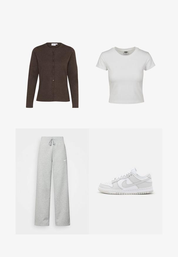 Hnědý kardigan vyrobený z texturované látky, s kulatým výstřihem, dlouhými rukávy a plným zapínáním na knoflíky vpředu.; Bílý bavlněný tričko s klasickým kulatým výstřihem, krátkými rukávy a přiléhavým střihem. Žádné vzory ani akcenty nejsou viditelné.; Šedé tepláky s elastickým pasem, detaily se šňůrkou a malým bílým logem Nike na levém stehně. Měkká tkanina, volný střih.; Bílé kožené tenisky s šedými detaily, perforovaná špička, ploché tkaničky, polstrovaný límec a texturovaná gumová podrážka.