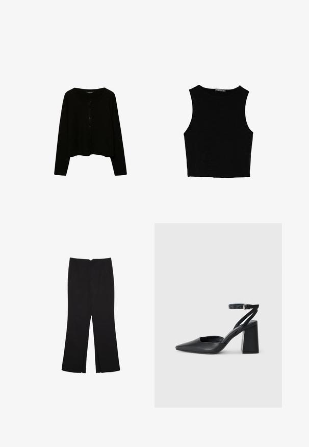 Svart kortärmad cardigan med långa ärmar, rund halsringning och knappstängning fram. Tillverkad av texturerat stickat tyg.; Svart ärmlös crop top i mjukt tyg, med rund hals och en ren, enkel design utan mönster eller detaljer.; Svarta byxor med rak passform, utrustade med framfickor och sidoklyvningar vid fållen. Tillverkade av mjukt, slätt tyg. Lämpliga för olika tillfällen.; Svart läderpumps med spetsig tå, ankelrem och kraftig klack. Slät textur, stilren design och minimalistisk estetik.