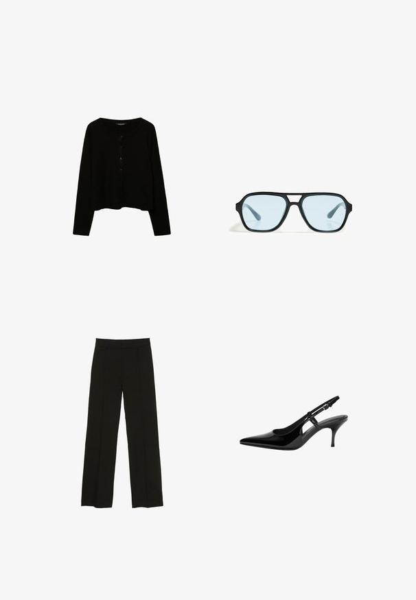 Mustakortti, jossa on pitkät hihat, pyöreä pääntie ja napit edessä. Valmistettu teksturoidusta neulekankaasta.; Musta puuvillakangas, jossa on sileä pinta ja pyöreä pääntie, ominaisuutena hienovarainen ja tasainen rakennekuvio. Ei näkyviä logoja tai korostuksia.; Mustat leveälahkeiset housut, jotka on valmistettu sileästä kankaasta. Niissä on istuva vyötärö ja hienovaraiset etupleatit, jotka lisäävät tekstuuria.; Musta lakattu nahkainen slingback-korkokenkä teräväkärkisellä, avonaisilla sivurei'illä, kapealla korolla ja säädettävällä nilkkahihnalla.; Mustat aurinkolasit suorakaiteen muotoisilla kehyksillä, sinisävyisillä linsseillä ja erottuvalla siltarakenteella. Tyylikäs pinta, huomaamaton rakenne.; Musta nahkainen olkalaukku, jossa on pehmeä, roikkuva muotoilu, leveät kahvat ja sileä pinta. Ei näkyviä metalliosia tai koristeluja.