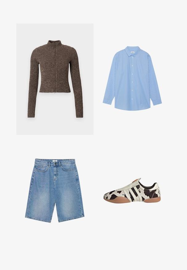 Bruine geribde trui met rits, hoge kraag, lange mouwen en een nauwsluitend ontwerp. Gemaakt van geprofileerde gebreide stof.; Blauw-wit gestreepte lange mouwen shirt met een klassieke kraag, knoopsluiting aan de voorkant en afgeronde zoom. Gemaakt van een lichtgewicht stof.; Lichte blauwe denim shorts met een rechte snit, vijf zakken en contrasterende stiksels. Voorzien van een knoop- en ritssluiting.; Witte en zwarte leren schoenen met een patroon en een textuurafwerking, met drie witte horizontale strepen en een bruine rubberen zool.