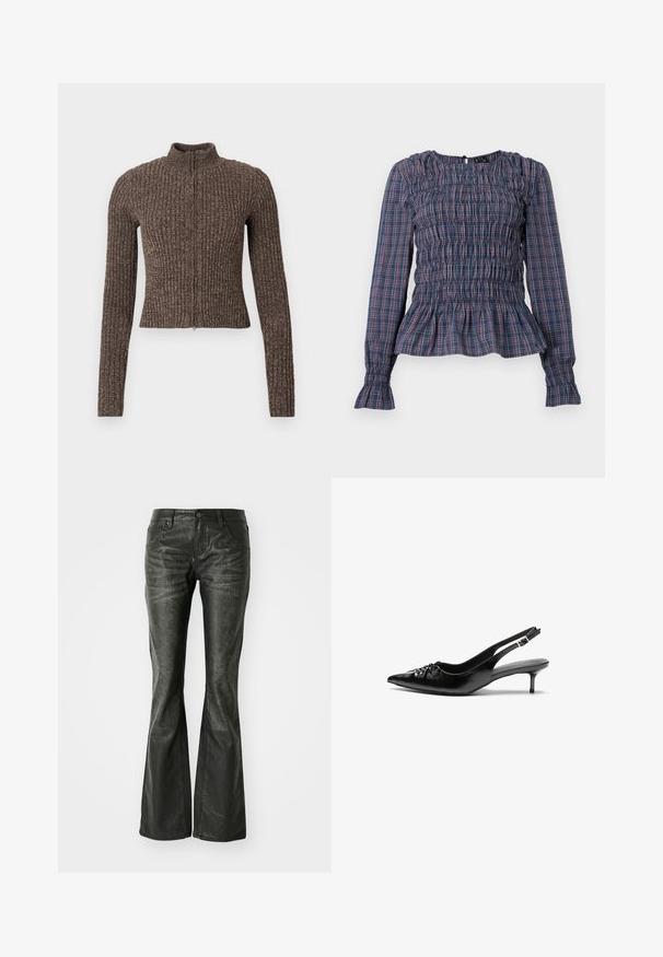 Hnedý rebrovaný sveter na zips s vysokým golierom, dlhými rukávmi a priliehavým strihom. Vyrobený z textúrovanej pleteniny.; Dlhá blúzka s modro-červeným kockovaným vzorom, s riaseným telom a volánovými okrajmi a manžetami, zobrazená na bielom pozadí.; Čierne faux kožené zvonové džínsy s prednými vreckami, kovovým zapínaním a mierne textúrovaným povrchom. Priamy strih s dlhým strihom.; Čierne kožené slingback podpätky s ostrou špičkou, malým podpatkom a dekoratívnym uzlom vpredu. Hladký povrch po celom obvode.